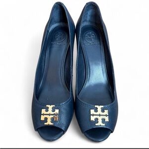 Tory Burch Black and Gold Wedge Peep-Toe Shoes